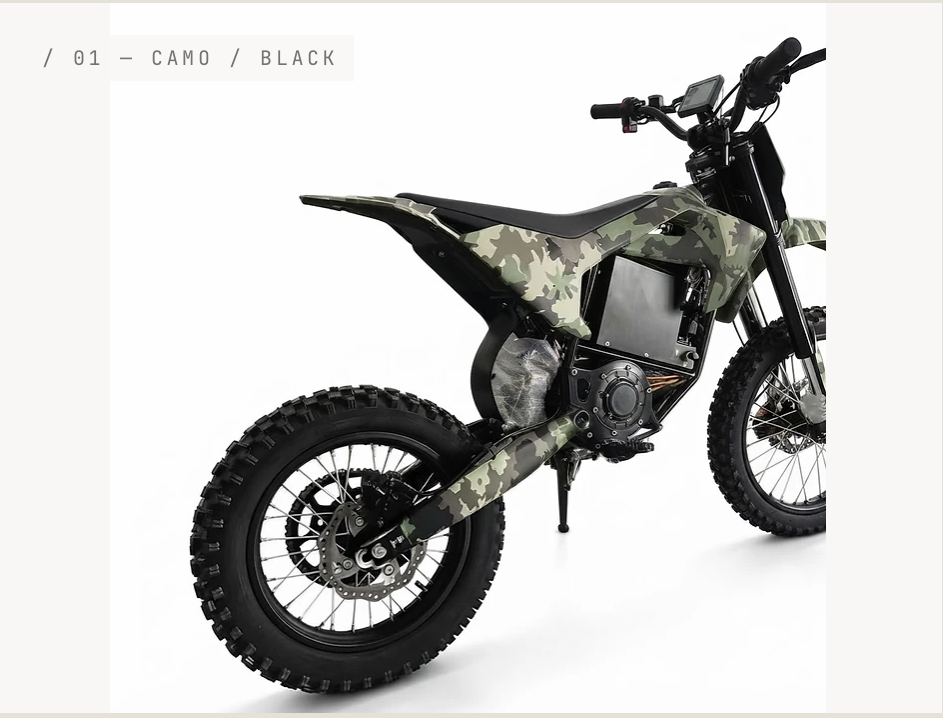 Electric Mini Dirt Bike Camo — rear three-quarter view