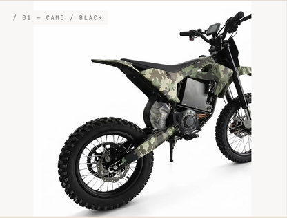 Electric Mini Dirt Bike Camo — rear three-quarter view