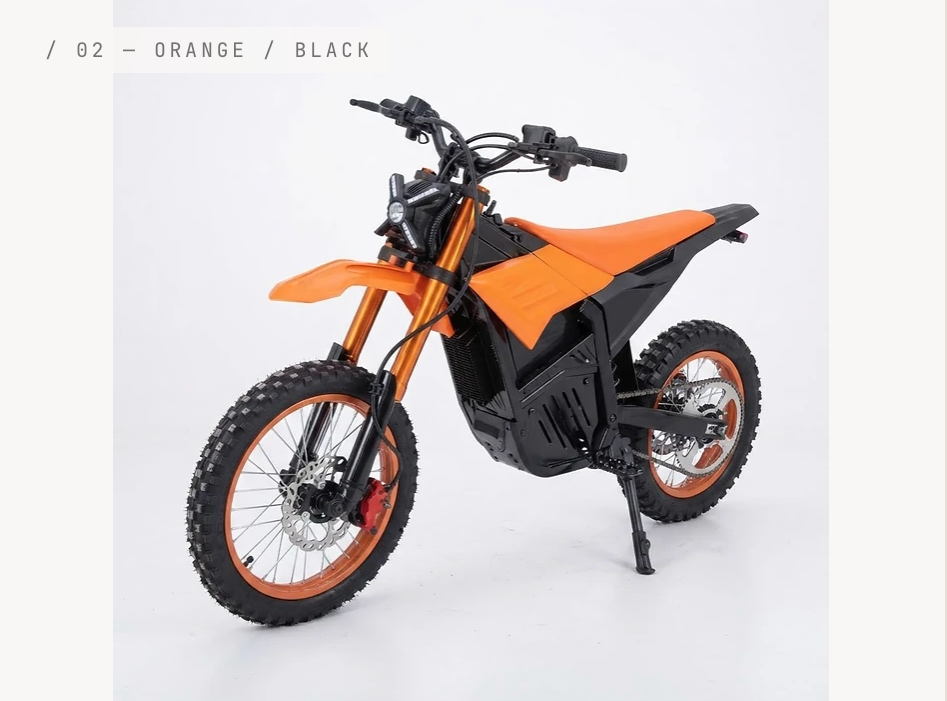 Electric Dirt Bike Orange & Black — 02 front three-quarter
